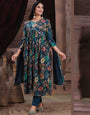 Dark Blue Rayon With Handwork & Printed Long Kurti