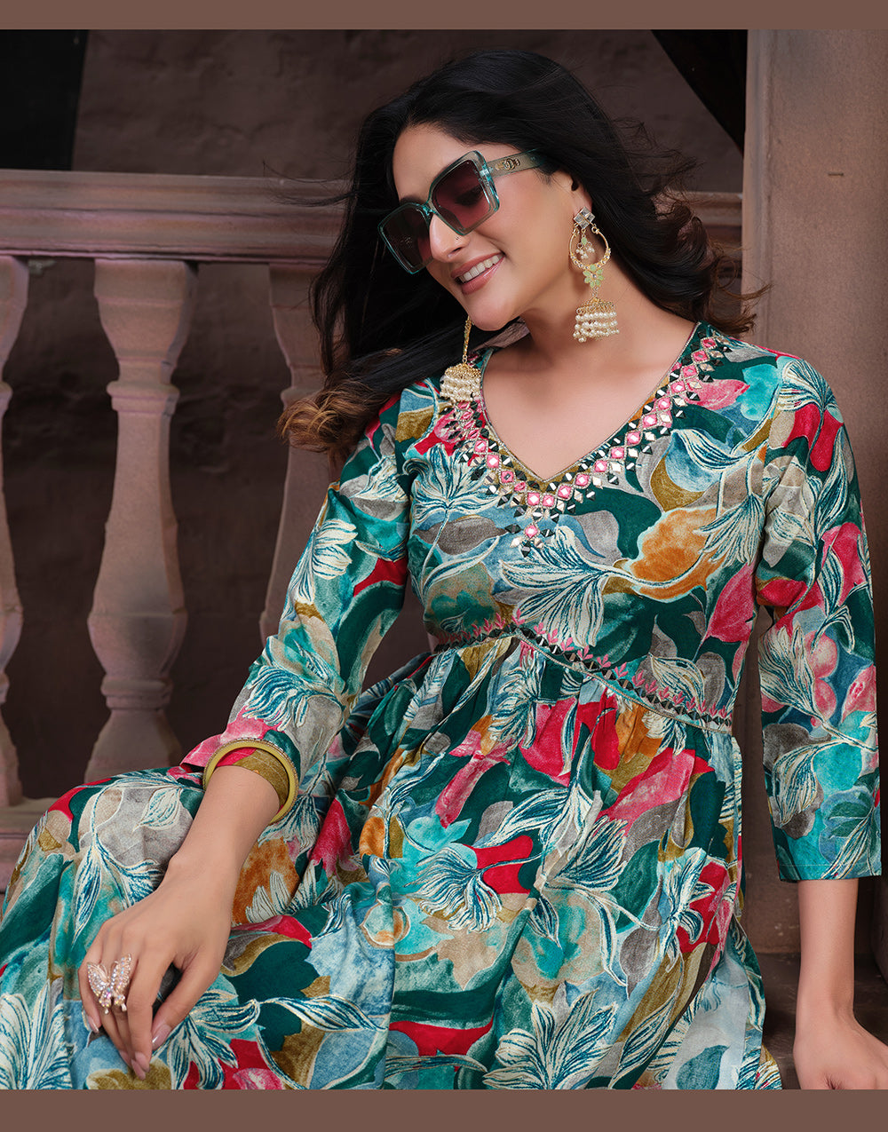 Rama Green Rayon With Handwork & Bandhani Printed Long Kurti