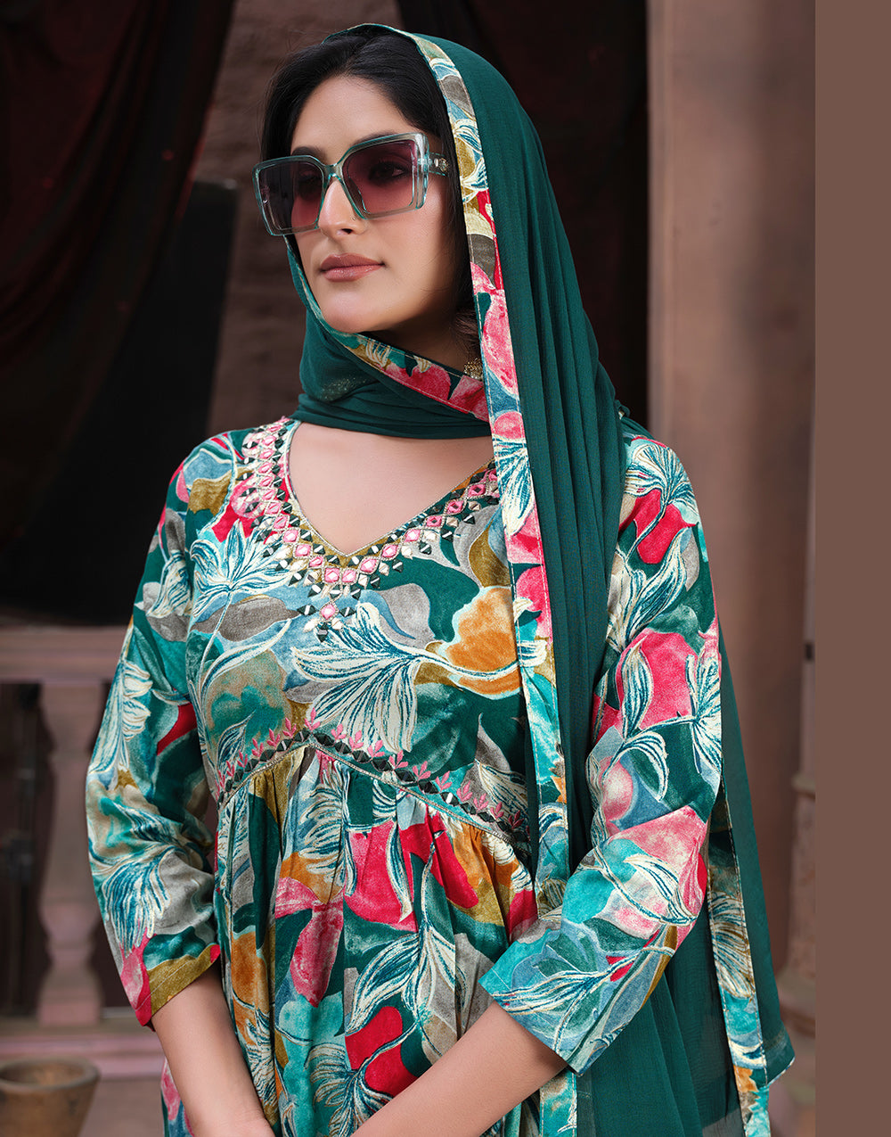 Rama Green Rayon With Handwork & Bandhani Printed Long Kurti