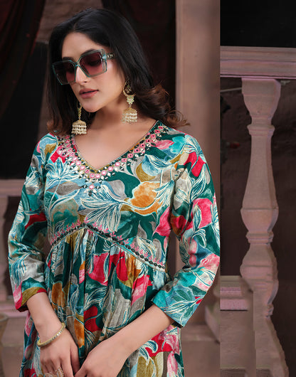 Rama Green Rayon With Handwork & Bandhani Printed Long Kurti