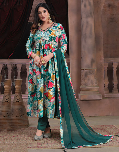 Rama Green Rayon With Handwork & Bandhani Printed Long Kurti