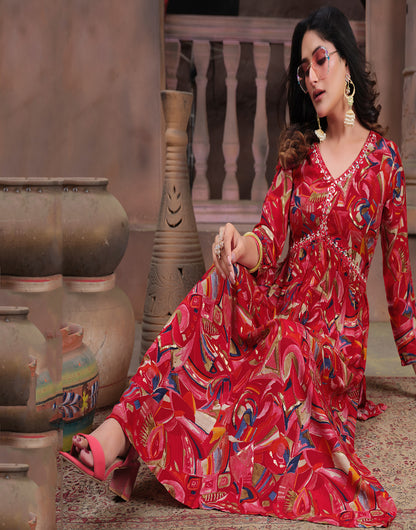 Red Rayon With Handwork & Bandhani Printed Long Kurti