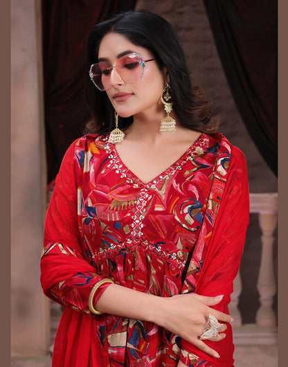 Red Rayon With Handwork & Bandhani Printed Long Kurti