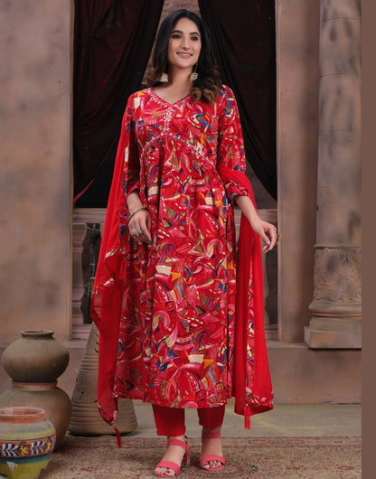 Red Rayon With Handwork & Bandhani Printed Long Kurti