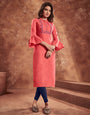 Watermelon Red Cotton With Heavy Embroidery Work Kurti