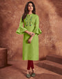 Grasshoper Green Cotton With Heavy Embroidery Work Kurti