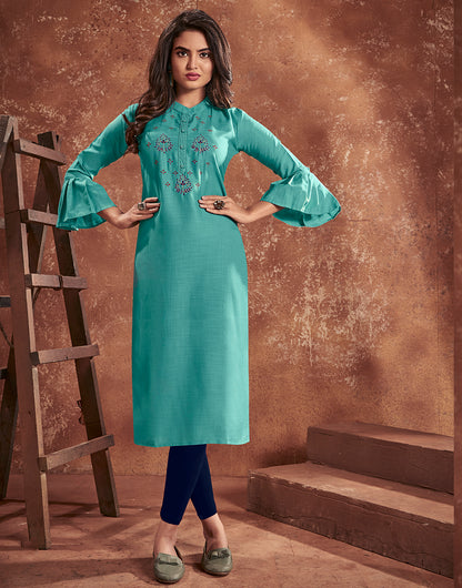 Teal Blue Cotton With Heavy Embroidery Work Kurti