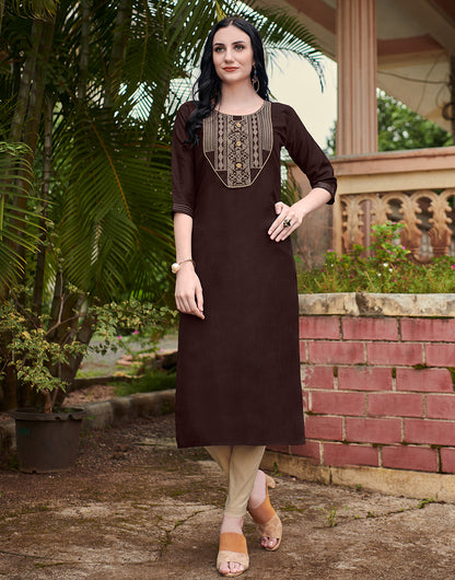 Brown Cotton With Heavy Embroidery Work Kurti