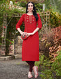 Red Cotton With Heavy Embroidery Work Kurti