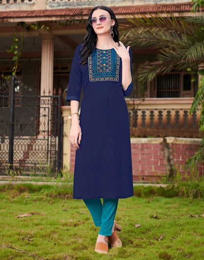 Navy Blue Cotton With Heavy Embroidery Work Kurti