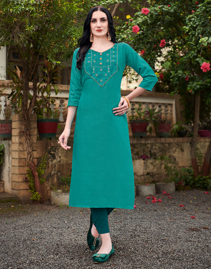 Rama Green Cotton With Heavy Embroidery Work Kurti