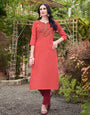 Orange Red Cotton With Heavy Embroidery Work Kurti