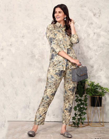 Beige Floral Print Rayon Co-Ord Set