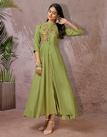 Parrot Green Rayon Cotton With Heavy Embroidery Long Kurti