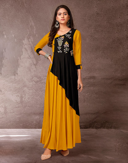 Fire Yellow & Black Rayon Cotton With Heavy Embroidery Long Kurti