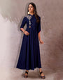 Berry Blue Rayon Cotton With Heavy Embroidery Long Kurti