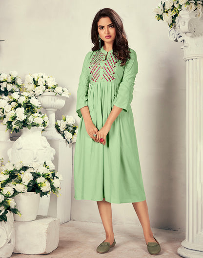 Sea Green Rayon With With Heavy Embroidery Party Wear Kurti