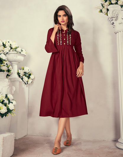 Ruby Red Rayon With Heavy Embroidery Party Wear Kurti