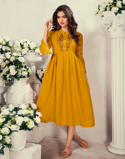 Mustard Yellow Rayon With With Heavy Embroidery Party Wear Kurti