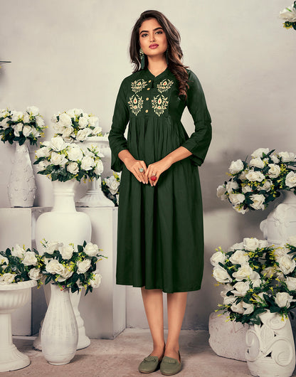 Pine Green Rayon With Heavy Embroidery Party Wear Kurti