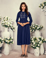 Navy Blue Rayon With With Heavy Embroidery Party Wear Kurti