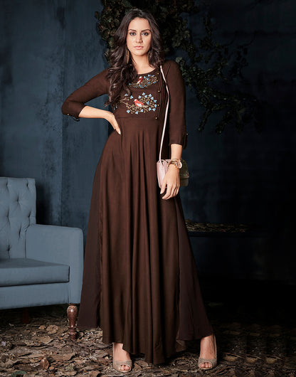 Brown Rayon With Heavy Embroidery Long Kurti