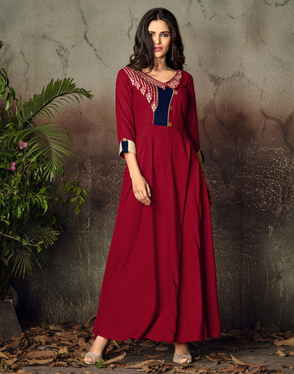 Dark Red Rayon With Heavy Embroidery Long Kurti