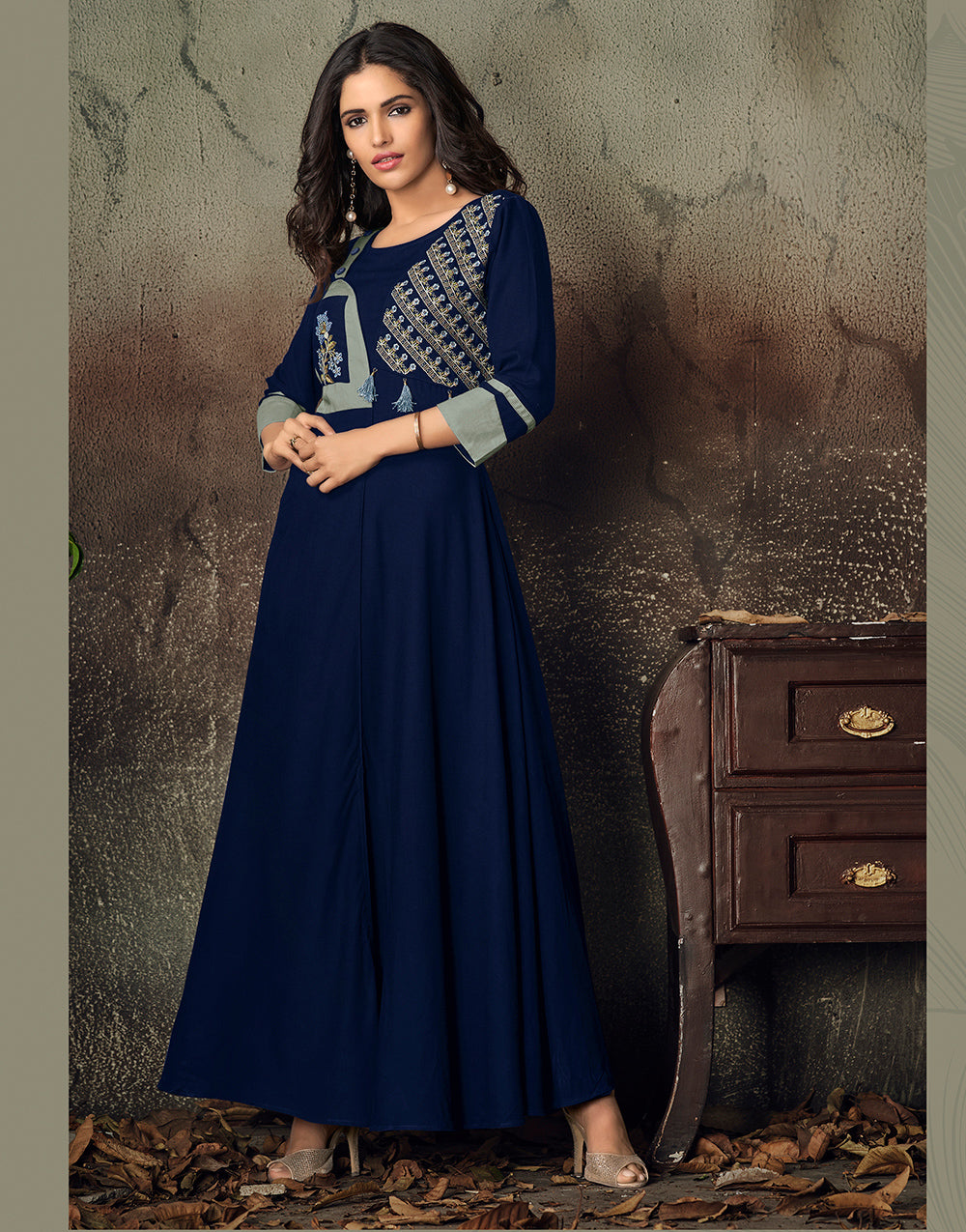 Navy Blue Rayon With Heavy Embroidery Long Kurti