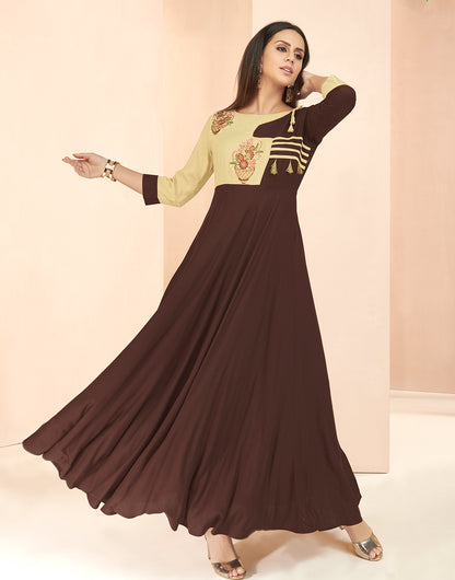 Pecan Brown & Chiku Rayon With Heavy Embroidery Long Kurti