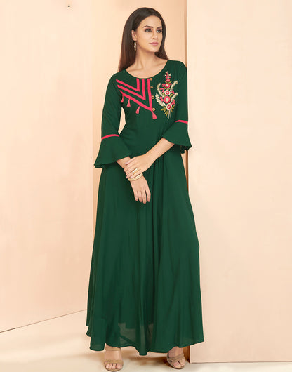 Forest Green Rayon With Heavy Embroidery Long Kurti