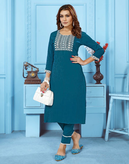 Peacock Blue Rinkal Cotton With Embroidery Work Kurti