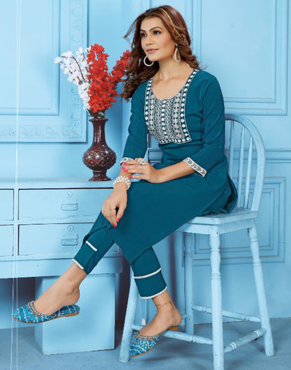 Peacock Blue Rinkal Cotton With Embroidery Work Kurti