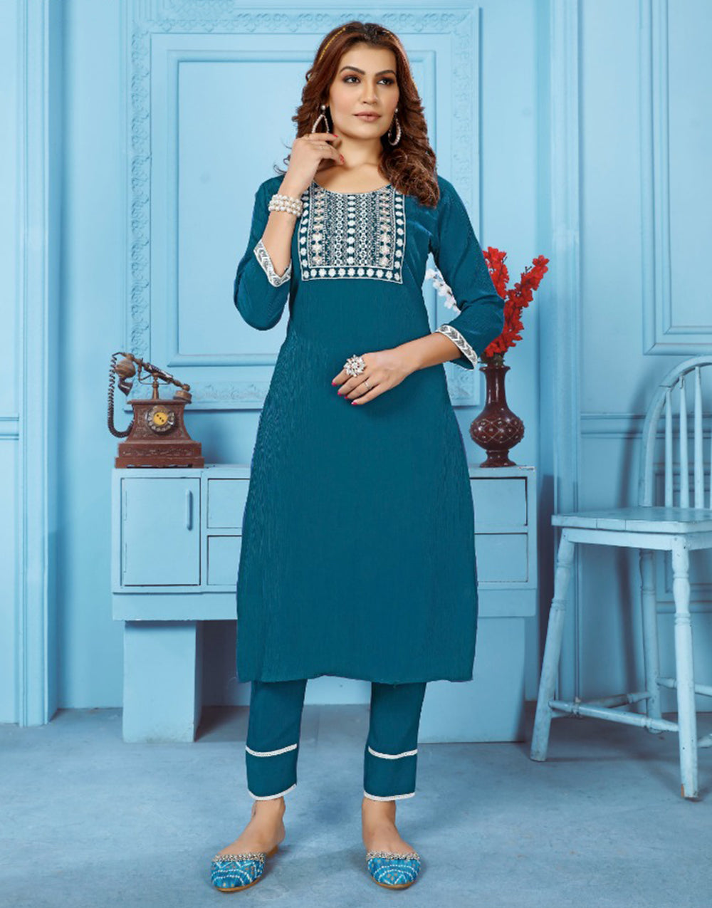 Peacock Blue Rinkal Cotton With Embroidery Work Kurti