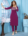 Wine Rinkal Cotton With Embroidery Work Kurti