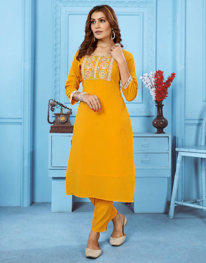 Yellow Rinkal Cotton With Embroidery Work Kurti