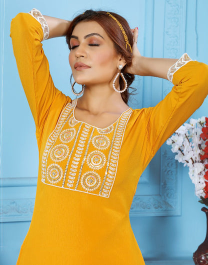 Yellow Rinkal Cotton With Embroidery Work Kurti