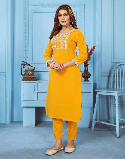 Yellow Rinkal Cotton With Embroidery Work Kurti