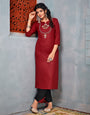 Maroon Riyon With Embroidery Work Kurti