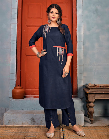 Navy Blue Rayon With Embroidery Work Kurti