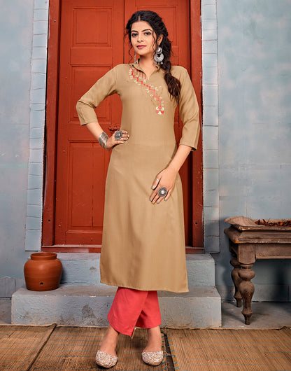 Cinnamon Brown Riyon With Embroidery Work Kurti