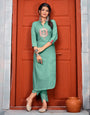 Seafoam Green Riyon With Embroidery Work Kurti