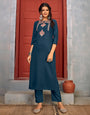 Prussian Blue Riyon With Embroidery Work Kurti