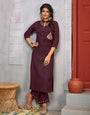 Wine Rayon With Embroidery Work Kurti