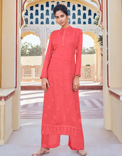 Punch Pink Faux Georgette With Embroidery Work Kurti & Pant