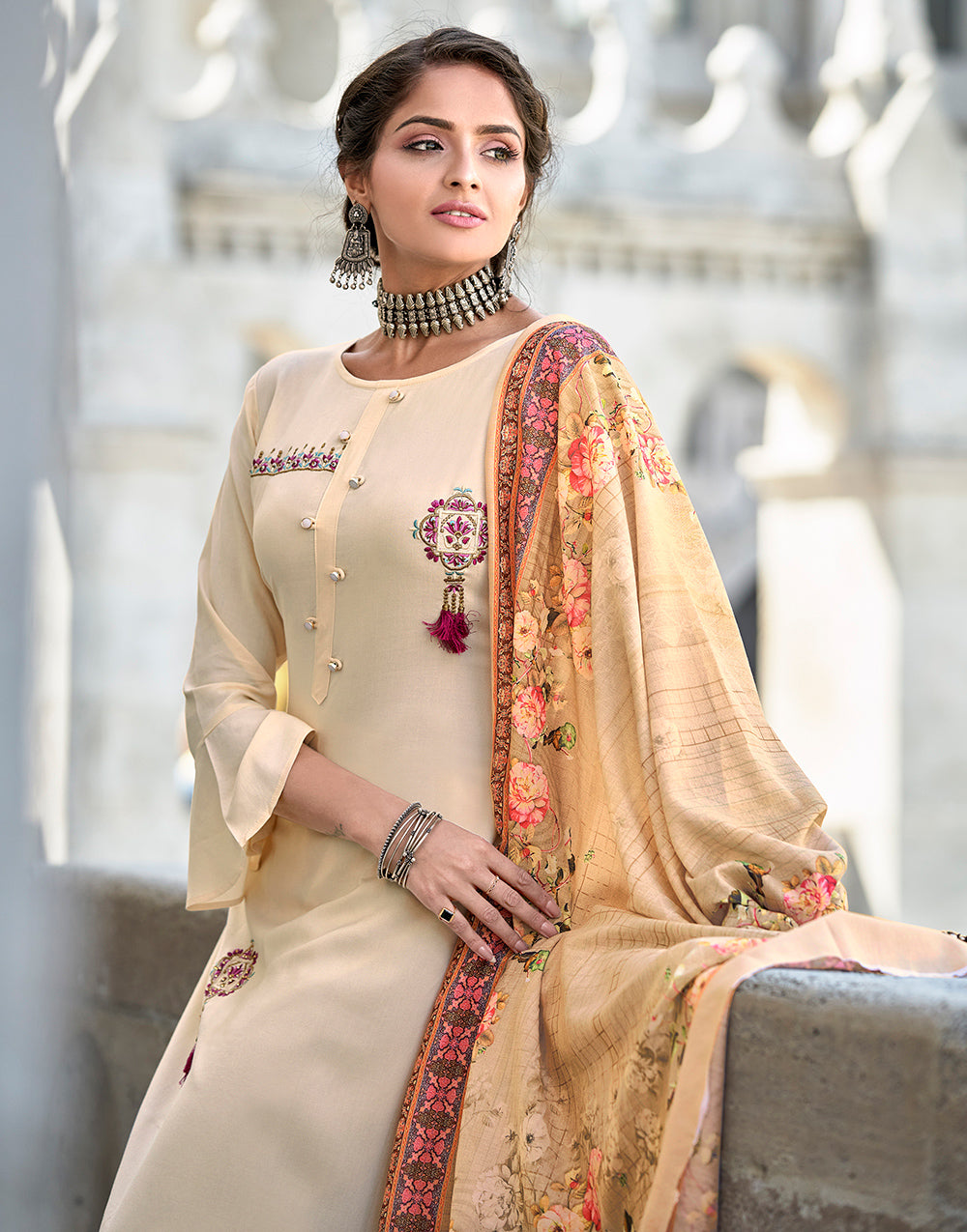 Cream Rayon With Embroidery Salwar Suit