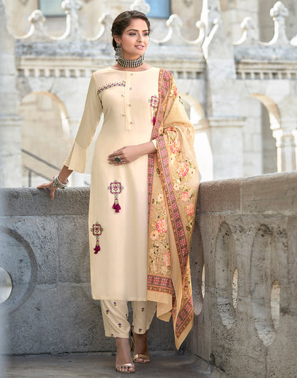 Cream Rayon With Embroidery Salwar Suit