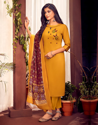 Mustard Yellow Heavy Cotton With Handwork Salwar Suit