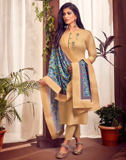 Beige Jam Cotton With Embroidery Work Kurti