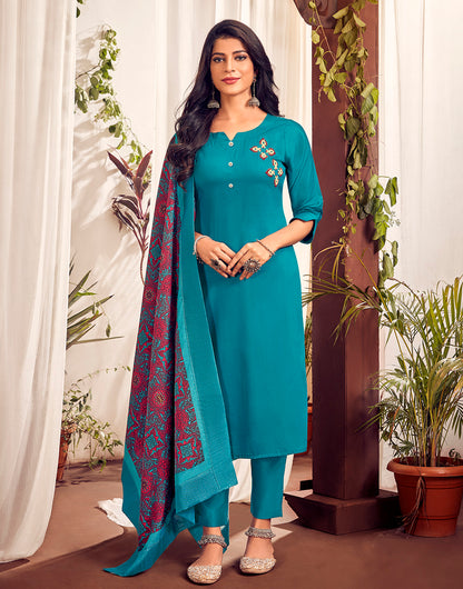 Teal Blue Jam Cotton With Embroidery Work Kurti Per