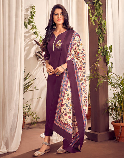 Wine Jam Cotton With Embroidery Kurti